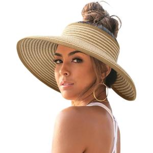 imageFURTALK Sun Visor Hats for Women Wide Brim Straw Ponytail Summer Beach Hat UV UPF Packable Foldable Travel04khaki Beige Stripes