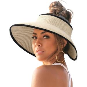 imageFURTALK Sun Visor Hats for Women Wide Brim Straw Ponytail Summer Beach Hat UV UPF Packable Foldable TravelBeige With Black