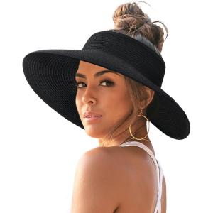 imageFURTALK Sun Visor Hats for Women Wide Brim Straw Ponytail Summer Beach Hat UV UPF Packable Foldable TravelBlack