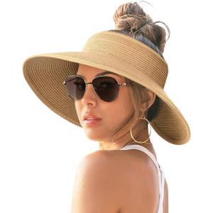 imageFURTALK Sun Visor Hats for Women Wide Brim Straw Ponytail Summer Beach Hat UV UPF Packable Foldable TravelKhaki