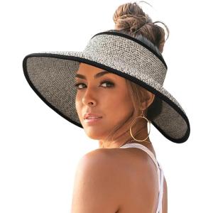 imageFURTALK Sun Visor Hats for Women Wide Brim Straw Ponytail Summer Beach Hat UV UPF Packable Foldable TravelMix Khaki With Black