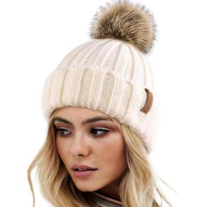 imageFURTALK Womens Winter Knitted Beanie Hat with Faux Fur Pom Warm Knit Skull Cap Beanie for Women03 Beige