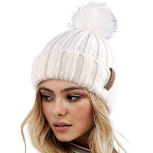 imageFURTALK Womens Winter Knitted Beanie Hat with Faux Fur Pom Warm Knit Skull Cap Beanie for Women06white