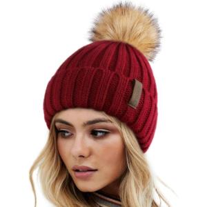 imageFURTALK Womens Winter Knitted Beanie Hat with Faux Fur Pom Warm Knit Skull Cap Beanie for Women08 Wine Red