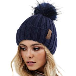 imageFURTALK Womens Winter Knitted Beanie Hat with Faux Fur Pom Warm Knit Skull Cap Beanie for Women11navy