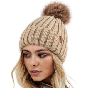 imageFURTALK Womens Winter Knitted Beanie Hat with Faux Fur Pom Warm Knit Skull Cap Beanie for Women16smoke Gray