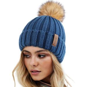 imageFURTALK Womens Winter Knitted Beanie Hat with Faux Fur Pom Warm Knit Skull Cap Beanie for Women18wood Blue