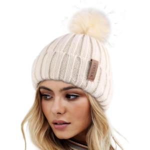 imageFURTALK Womens Winter Knitted Beanie Hat with Faux Fur Pom Warm Knit Skull Cap Beanie for WomenBeigebeige Pom