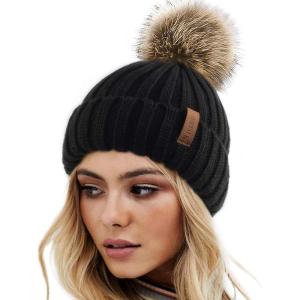 imageFURTALK Womens Winter Knitted Beanie Hat with Faux Fur Pom Warm Knit Skull Cap Beanie for WomenPure Black