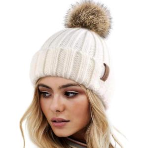 imageFURTALK Womens Winter Knitted Beanie Hat with Faux Fur Pom Warm Knit Skull Cap Beanie for WomenWhite