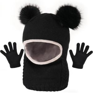 imageToddler Winter Hat Gloves Set Baby Girls Boys Winter Beanie Hats Fleece Lined Kids Earflaps Face Warmer Scarf SetBlackblack