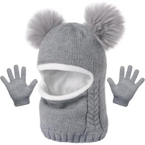 imageToddler Winter Hat Gloves Set Baby Girls Boys Winter Beanie Hats Fleece Lined Kids Earflaps Face Warmer Scarf SetGrey