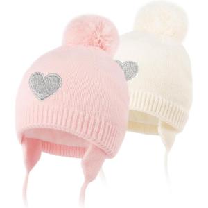 imageFURTALK Baby Girls Beanie with Pom Earflap Fleece Lined Winter Hat Knit Toddler Infant HatsBeigepink