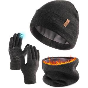 imageFURTALK Winter Beanie Hat Scarf Touchscreen Gloves Set 3 Pcs Warm Knit Beanies Hat Fleece Lined Skull Cap for Men WomenDark Grey