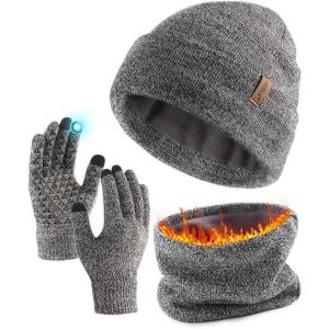 imageFURTALK Winter Beanie Hat Scarf Touchscreen Gloves Set 3 Pcs Warm Knit Beanies Hat Fleece Lined Skull Cap for Men WomenWhite Black