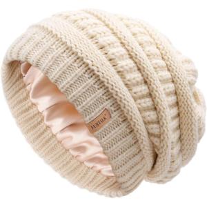 imageFURTALK Womens Satin Lined Knit Beanie Slouchy Winter Hats Skull Soft Warm CapBeige