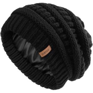 imageFURTALK Womens Satin Lined Knit Beanie Slouchy Winter Hats Skull Soft Warm CapBlack