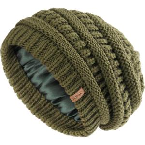 imageFURTALK Womens Satin Lined Knit Beanie Slouchy Winter Hats Skull Soft Warm CapGreen