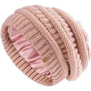 imageFURTALK Womens Satin Lined Knit Beanie Slouchy Winter Hats Skull Soft Warm CapPink