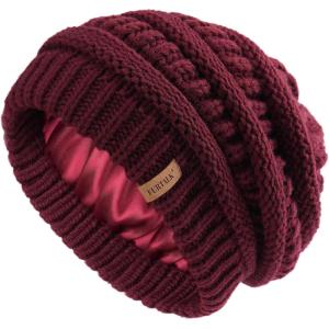 imageFURTALK Womens Satin Lined Knit Beanie Slouchy Winter Hats Skull Soft Warm CapWine Red