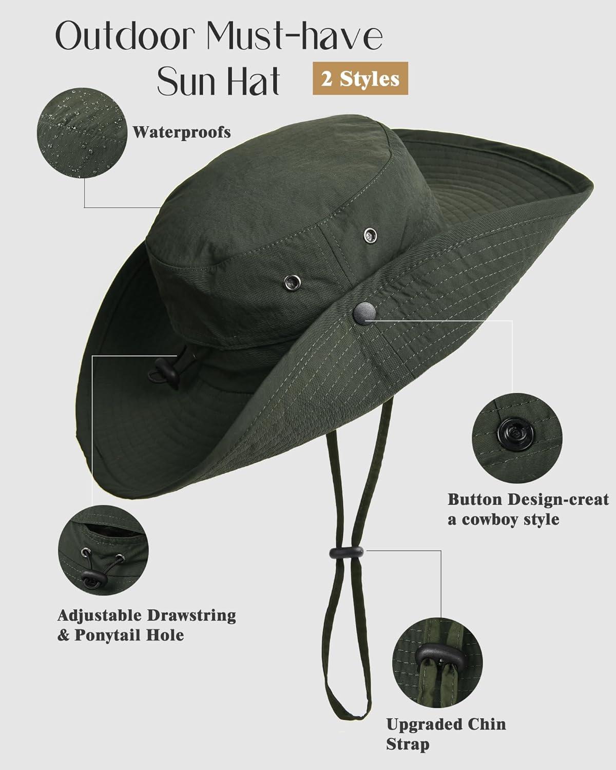 imageFURTALK Sun Hats for Women Ponytail UPF 80 Beach Summer Hat Wide Brim Packable Cowboy HatArmy Green