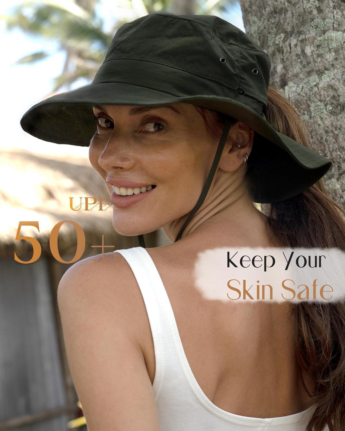imageFURTALK Sun Hats for Women Ponytail UPF 80 Beach Summer Hat Wide Brim Packable Cowboy HatArmy Green