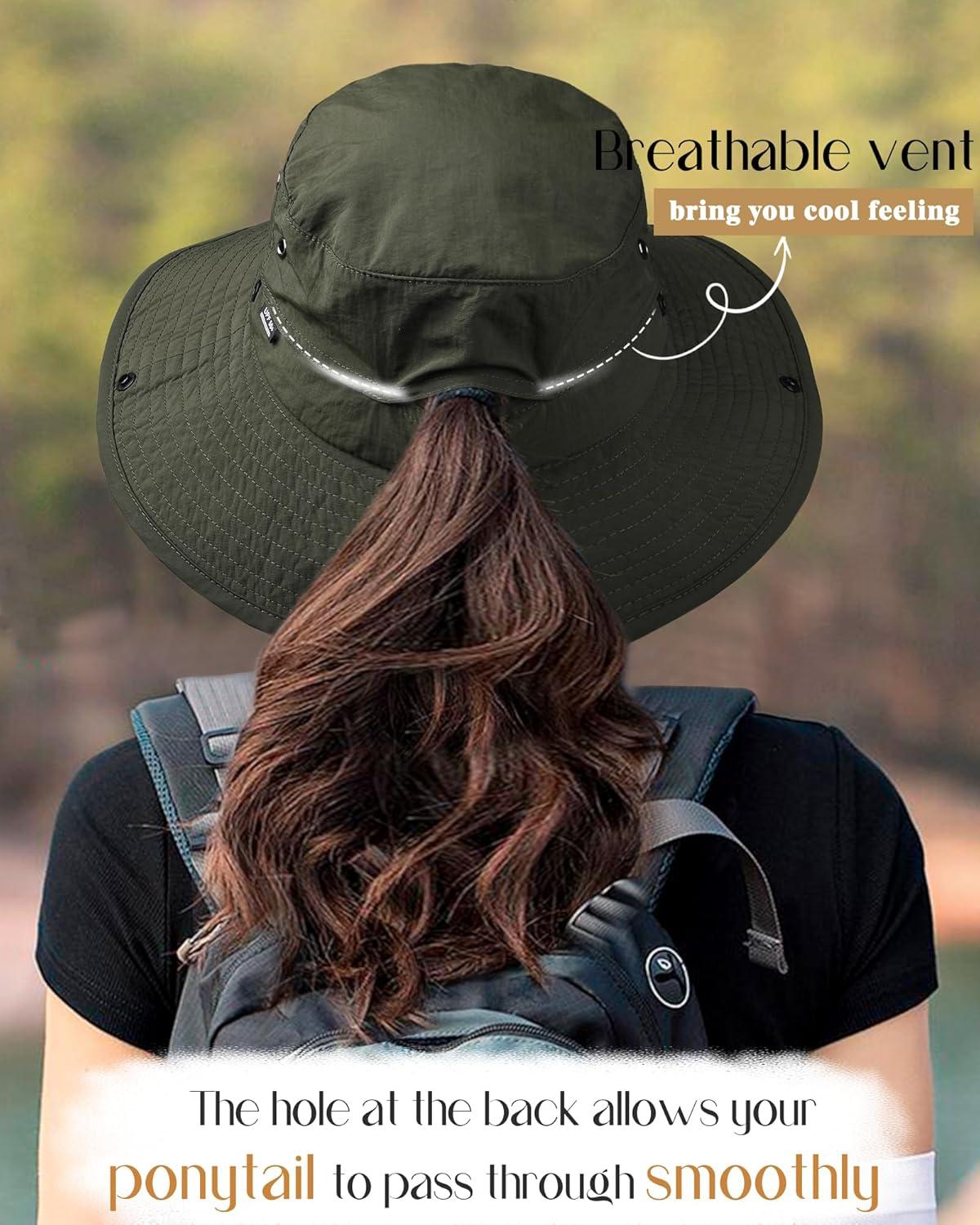 imageFURTALK Sun Hats for Women Ponytail UPF 80 Beach Summer Hat Wide Brim Packable Cowboy HatArmy Green