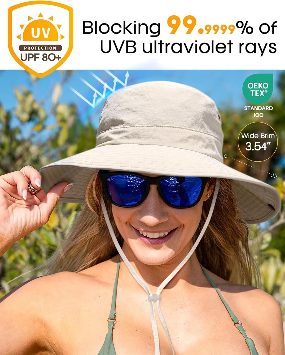 imageFURTALK Sun Hats for Women Ponytail UPF 80 Beach Summer Hat Wide Brim Packable Cowboy HatBeige
