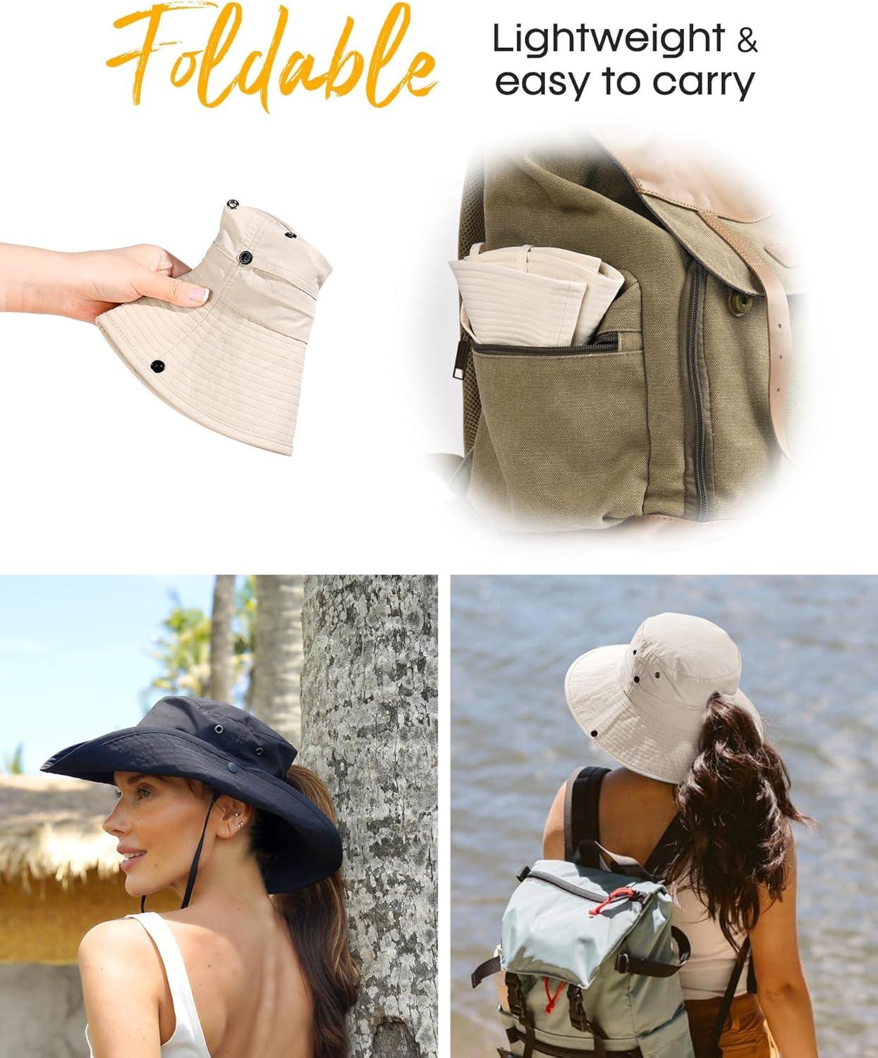 imageFURTALK Sun Hats for Women Ponytail UPF 80 Beach Summer Hat Wide Brim Packable Cowboy HatBeige