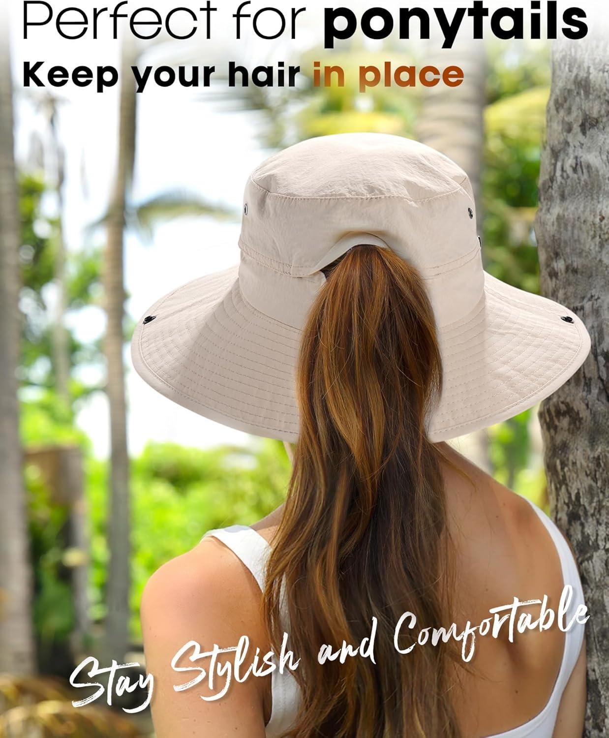 imageFURTALK Sun Hats for Women Ponytail UPF 80 Beach Summer Hat Wide Brim Packable Cowboy HatBeige