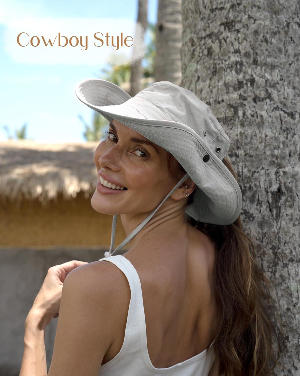 imageFURTALK Sun Hats for Women Ponytail UPF 80 Beach Summer Hat Wide Brim Packable Cowboy HatLight Grey