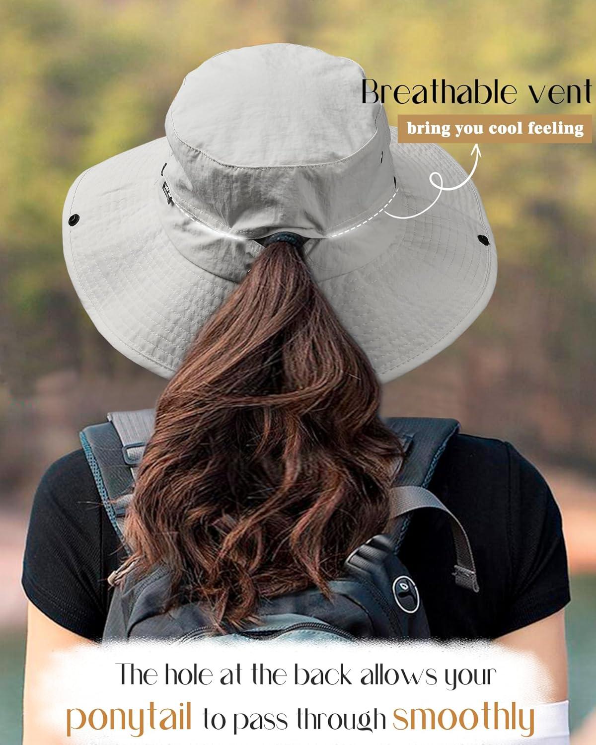 imageFURTALK Sun Hats for Women Ponytail UPF 80 Beach Summer Hat Wide Brim Packable Cowboy HatLight Grey