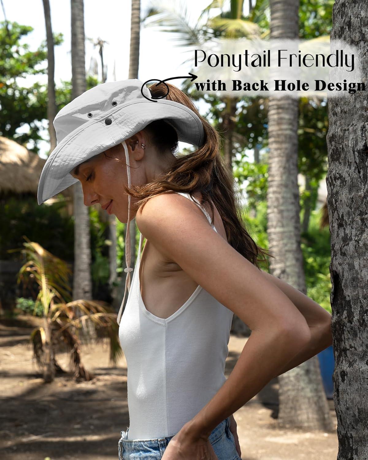 imageFURTALK Sun Hats for Women Ponytail UPF 80 Beach Summer Hat Wide Brim Packable Cowboy HatLight Grey