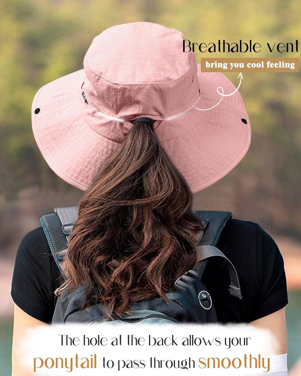 imageFURTALK Sun Hats for Women Ponytail UPF 80 Beach Summer Hat Wide Brim Packable Cowboy HatPink