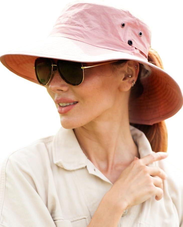 imageFURTALK Sun Hats for Women Ponytail UPF 80 Beach Summer Hat Wide Brim Packable Cowboy HatPink