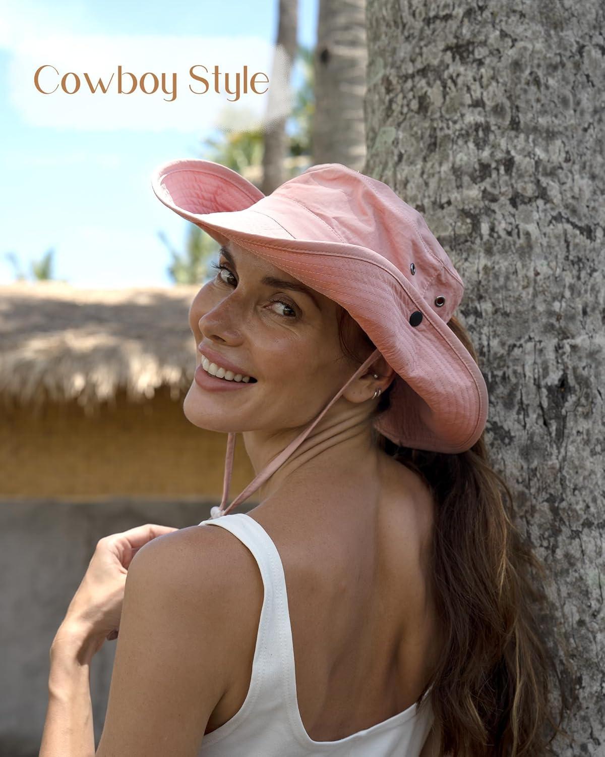 imageFURTALK Sun Hats for Women Ponytail UPF 80 Beach Summer Hat Wide Brim Packable Cowboy HatPink