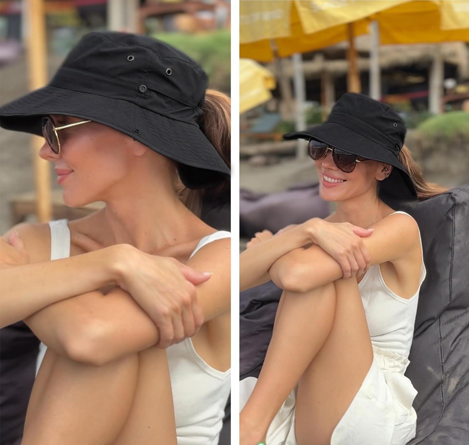 imageFURTALK Sun Hats for Women Ponytail UPF 80 Beach Summer Hat Wide Brim Packable Cowboy HatPure Black