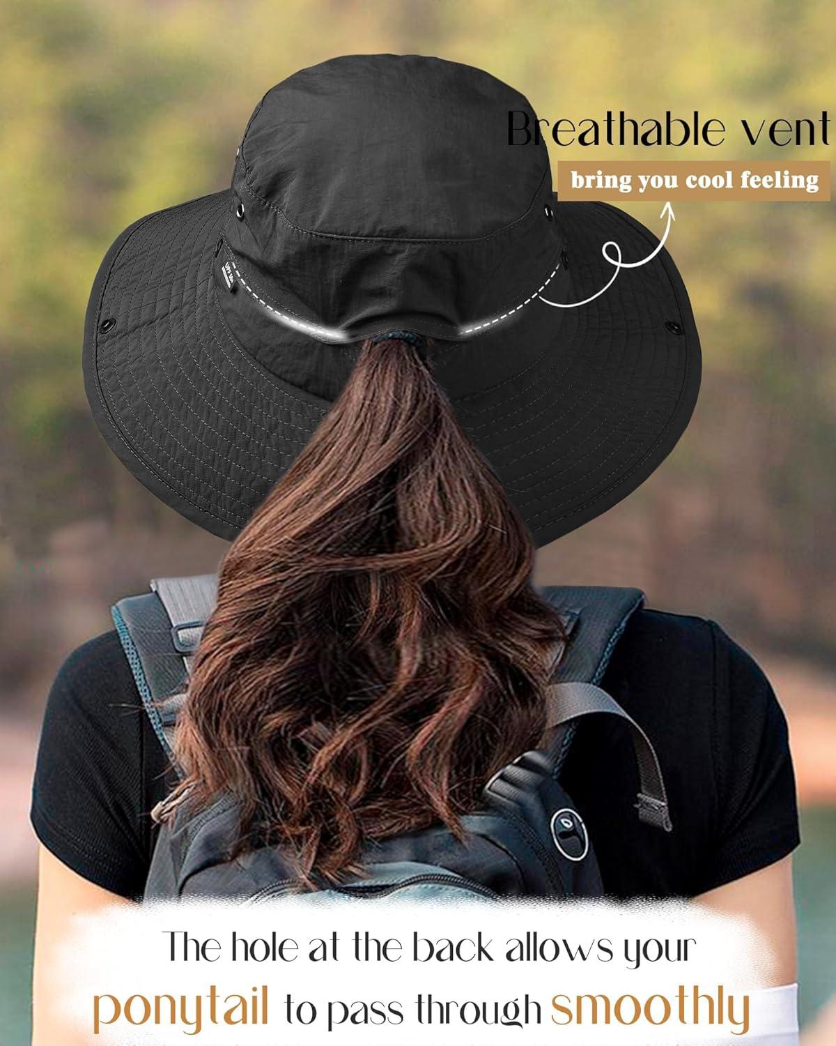 imageFURTALK Sun Hats for Women Ponytail UPF 80 Beach Summer Hat Wide Brim Packable Cowboy HatPure Black