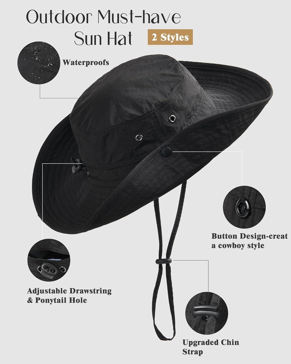 imageFURTALK Sun Hats for Women Ponytail UPF 80 Beach Summer Hat Wide Brim Packable Cowboy HatPure Black