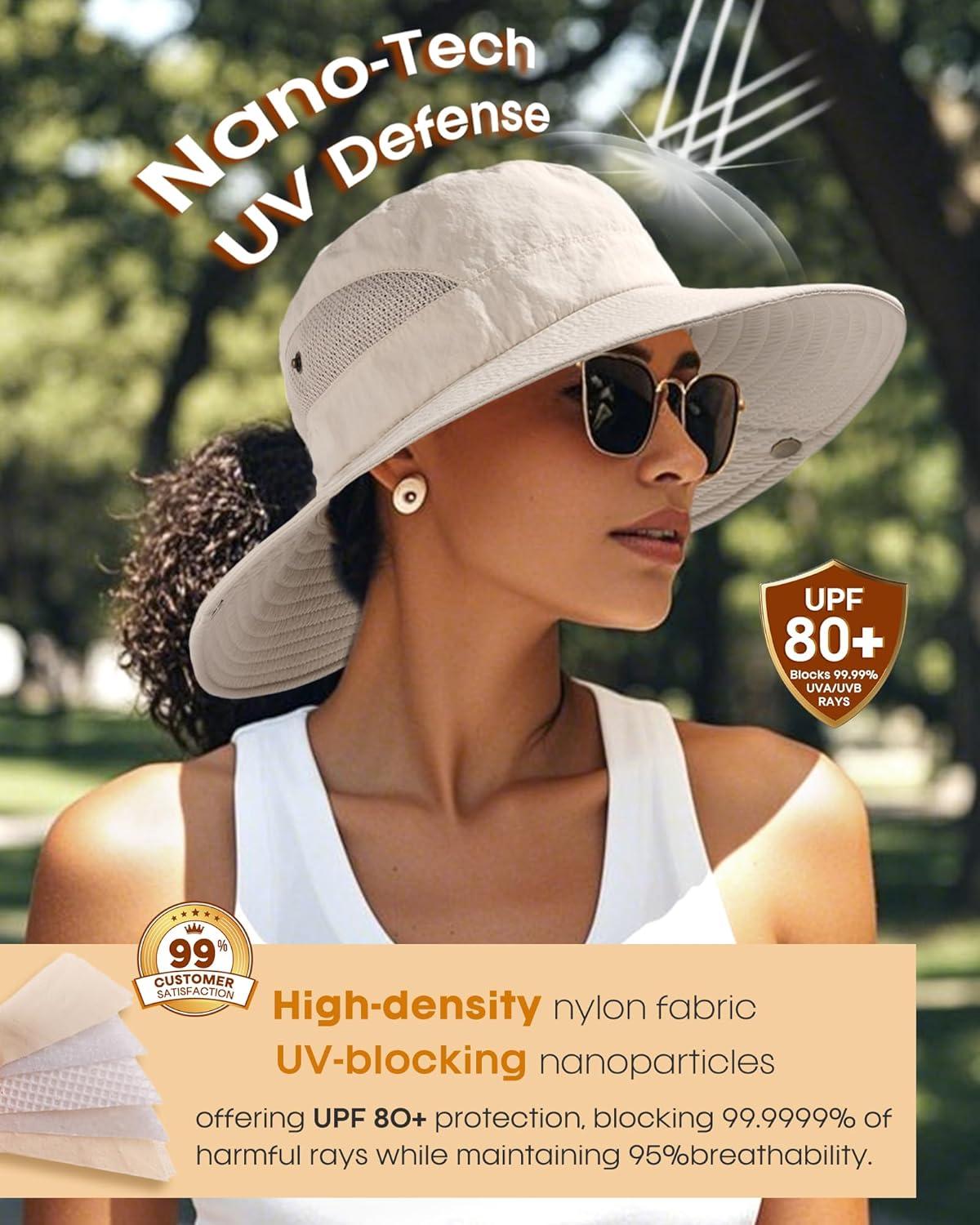 imageFURTALK Womens Sun Hat with Ponytail Hole Beach Hiking Summer Wide Brim UPF 80 Outdoor Protection Foldable Bucket HatBeige