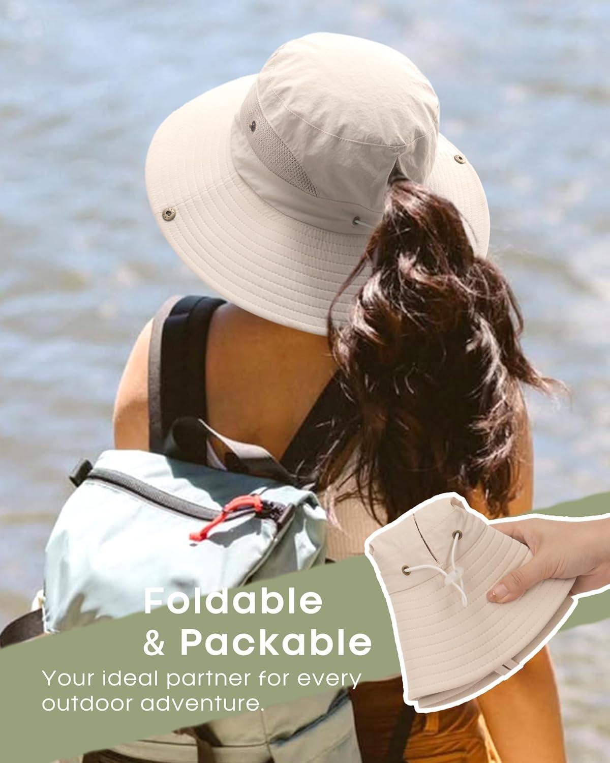 imageFURTALK Womens Sun Hat with Ponytail Hole Beach Hiking Summer Wide Brim UPF 80 Outdoor Protection Foldable Bucket HatBeige
