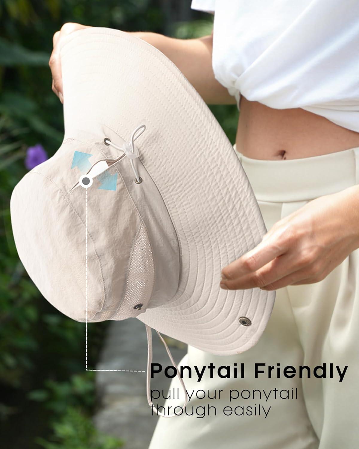 imageFURTALK Womens Sun Hat with Ponytail Hole Beach Hiking Summer Wide Brim UPF 80 Outdoor Protection Foldable Bucket HatBeige