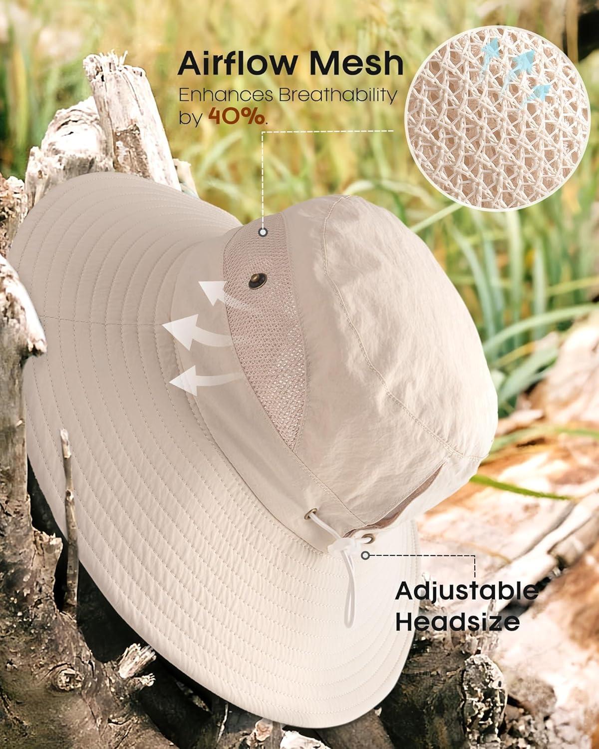 imageFURTALK Womens Sun Hat with Ponytail Hole Beach Hiking Summer Wide Brim UPF 80 Outdoor Protection Foldable Bucket HatBeige