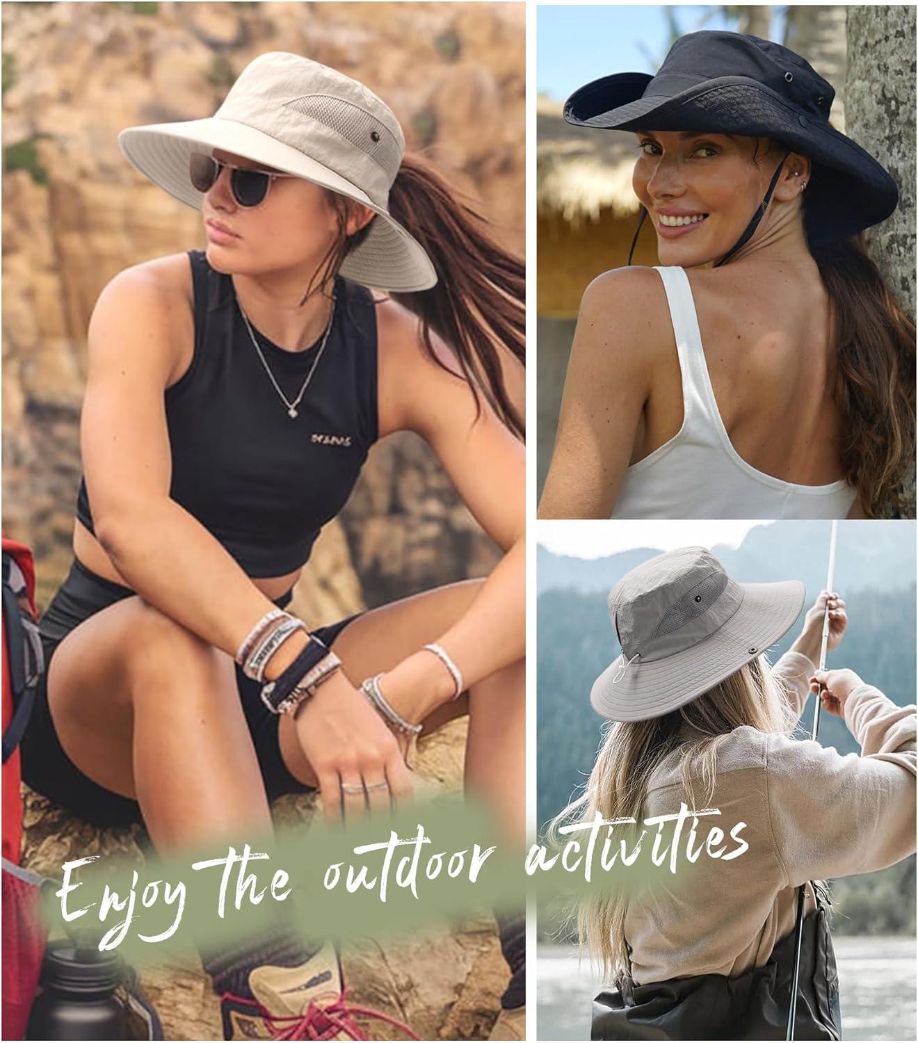 imageFURTALK Womens Sun Hat with Ponytail Hole Beach Hiking Summer Wide Brim UPF 80 Outdoor Protection Foldable Bucket HatBeige