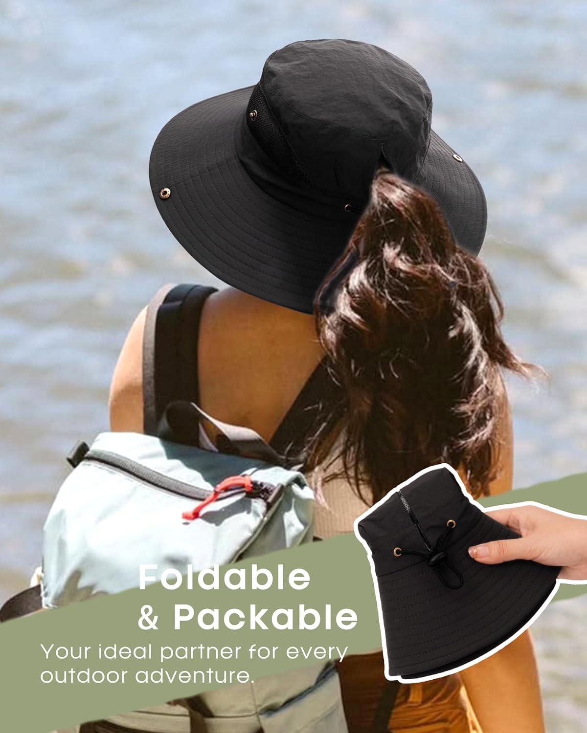 imageFURTALK Womens Sun Hat with Ponytail Hole Beach Hiking Summer Wide Brim UPF 80 Outdoor Protection Foldable Bucket HatBlack