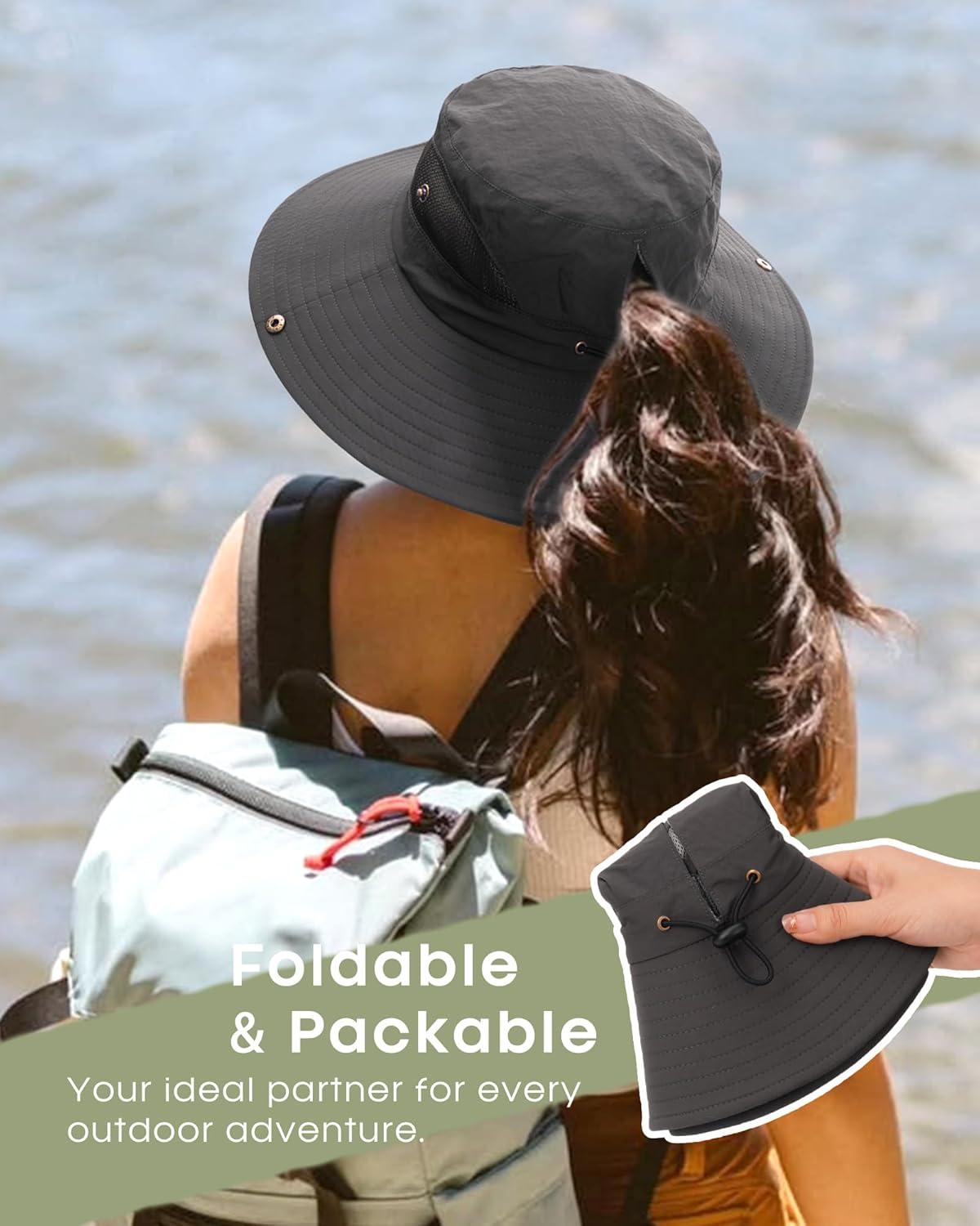 imageFURTALK Womens Sun Hat with Ponytail Hole Beach Hiking Summer Wide Brim UPF 80 Outdoor Protection Foldable Bucket HatDark Grey