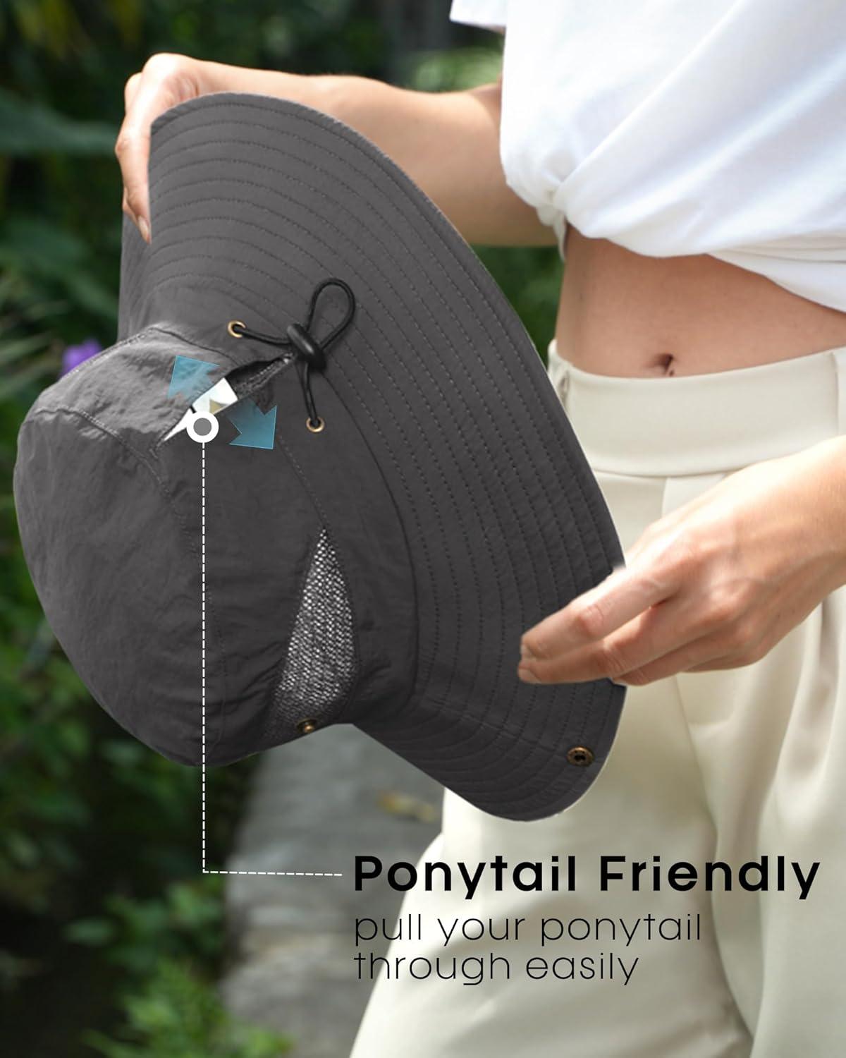 imageFURTALK Womens Sun Hat with Ponytail Hole Beach Hiking Summer Wide Brim UPF 80 Outdoor Protection Foldable Bucket HatDark Grey