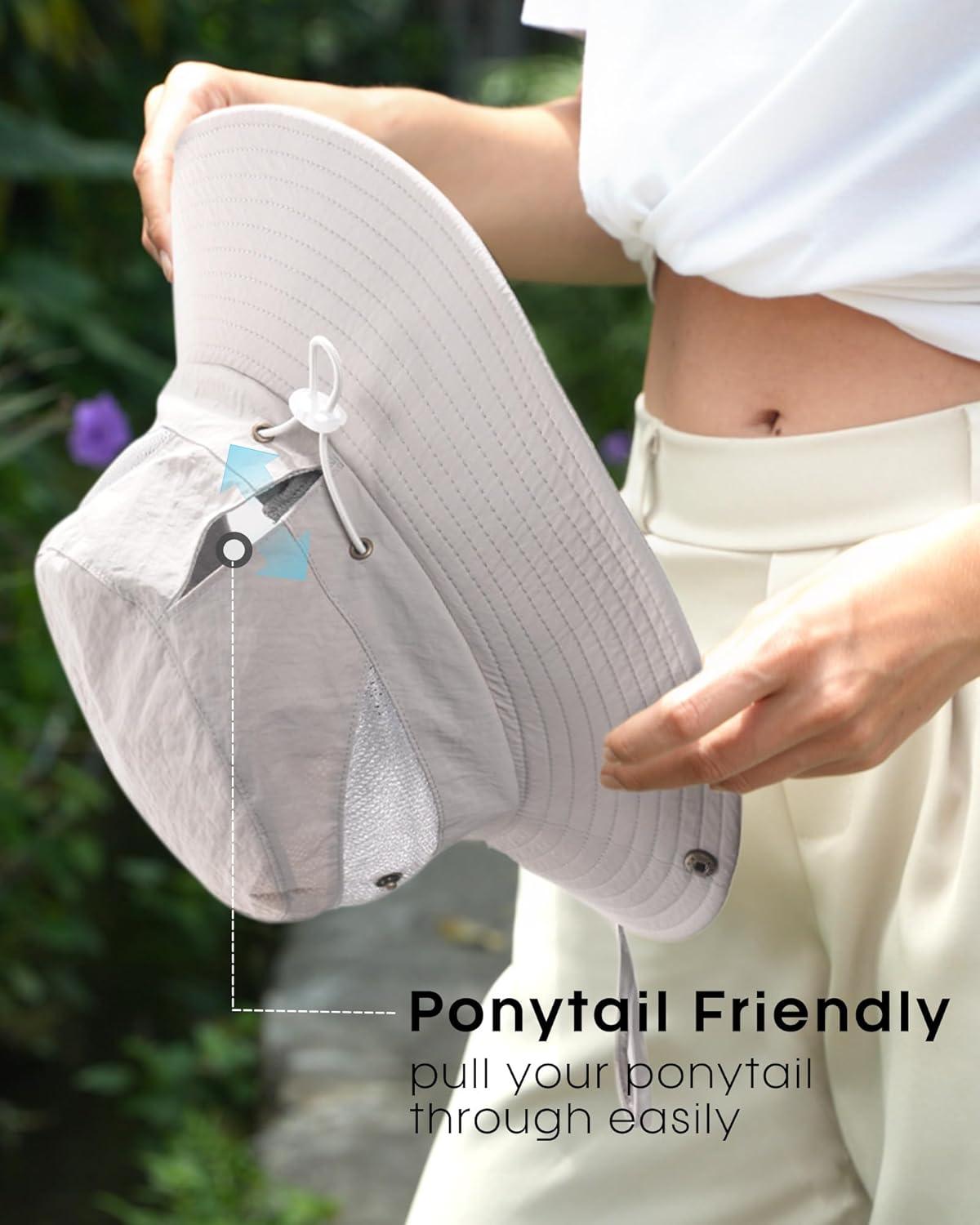 imageFURTALK Womens Sun Hat with Ponytail Hole Beach Hiking Summer Wide Brim UPF 80 Outdoor Protection Foldable Bucket HatLight Grey