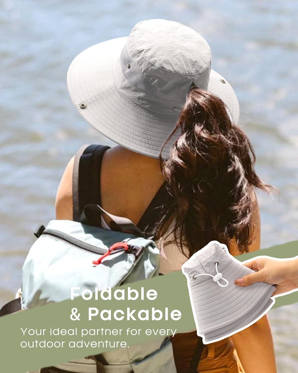 imageFURTALK Womens Sun Hat with Ponytail Hole Beach Hiking Summer Wide Brim UPF 80 Outdoor Protection Foldable Bucket HatLight Grey