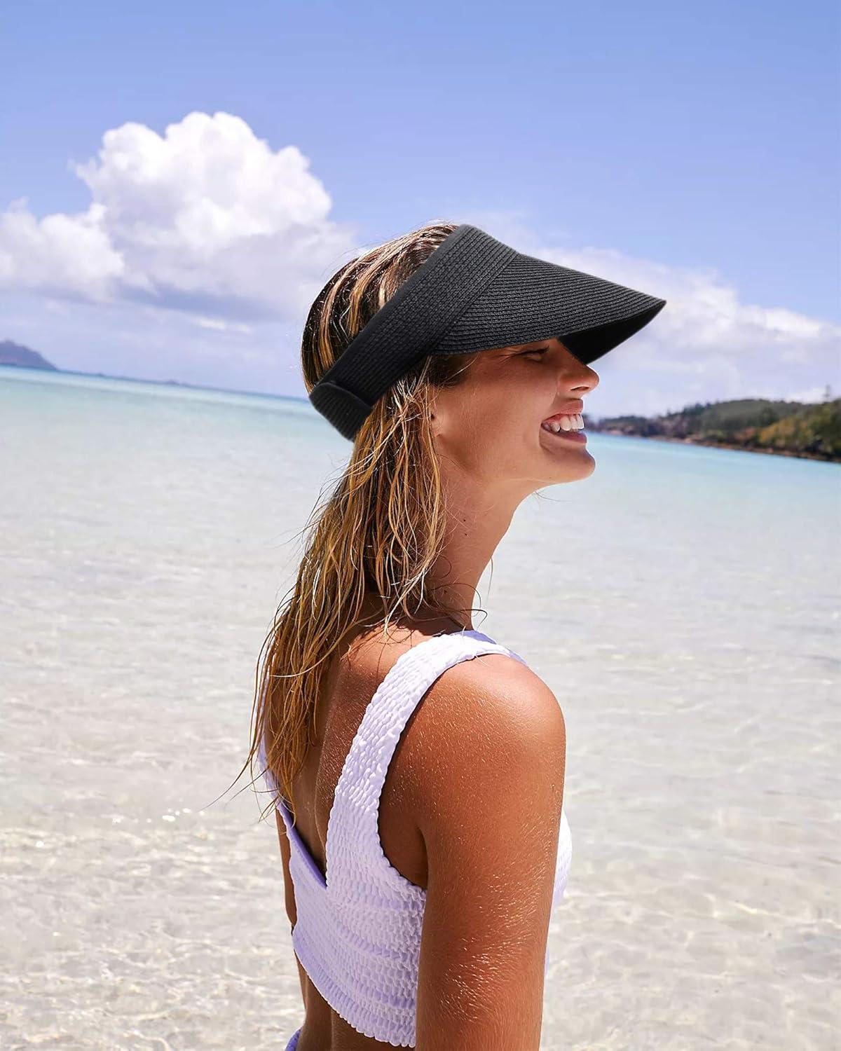 imageFURTALK Womens Sun Visor Hat Straw Sun Visors for Women Summer Packable Ponytail Beach Hats for Women Travel UPF 80A Black